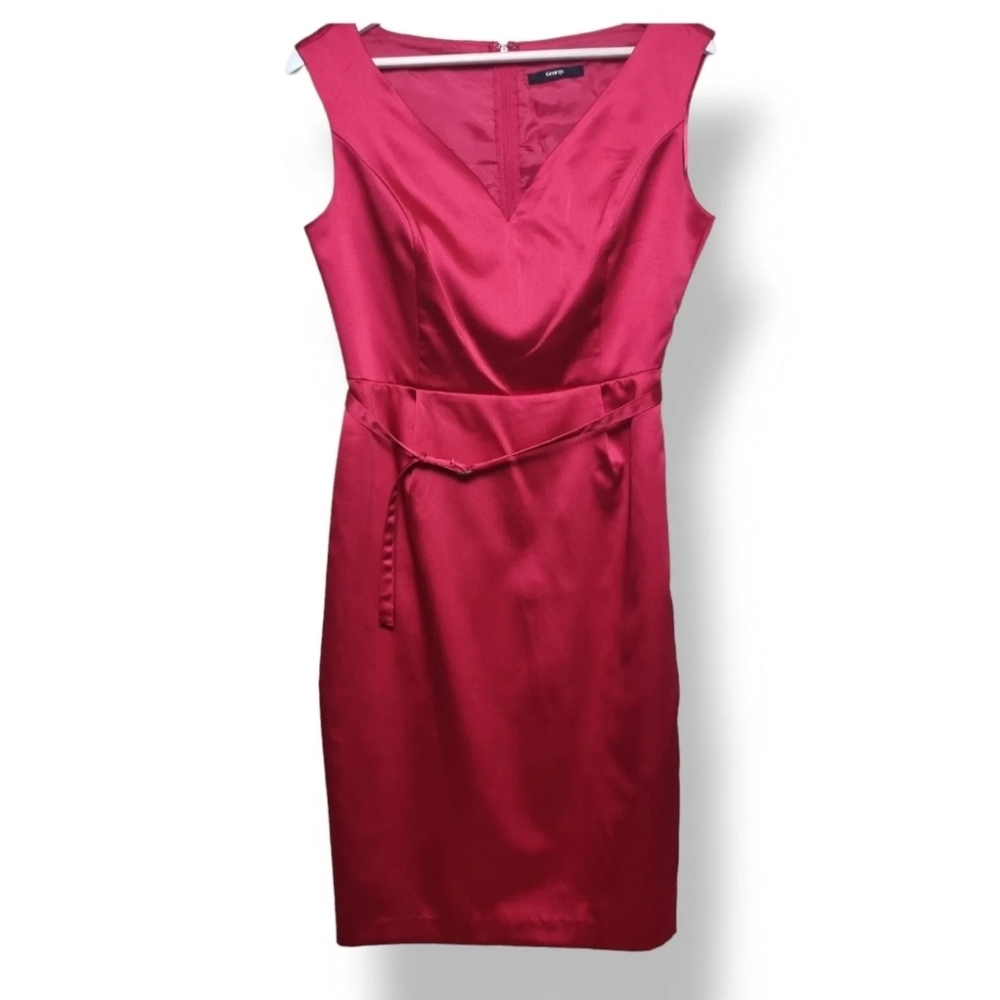 George Satin Dress Size 12 Red Pencil Dress Sweatheart Neckline Knee Length Belt - Picture 2 of 8